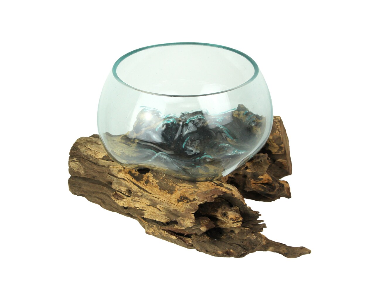 Blown Melted Glass Decorative Bowl / Terrarium On Teak Driftwood Base